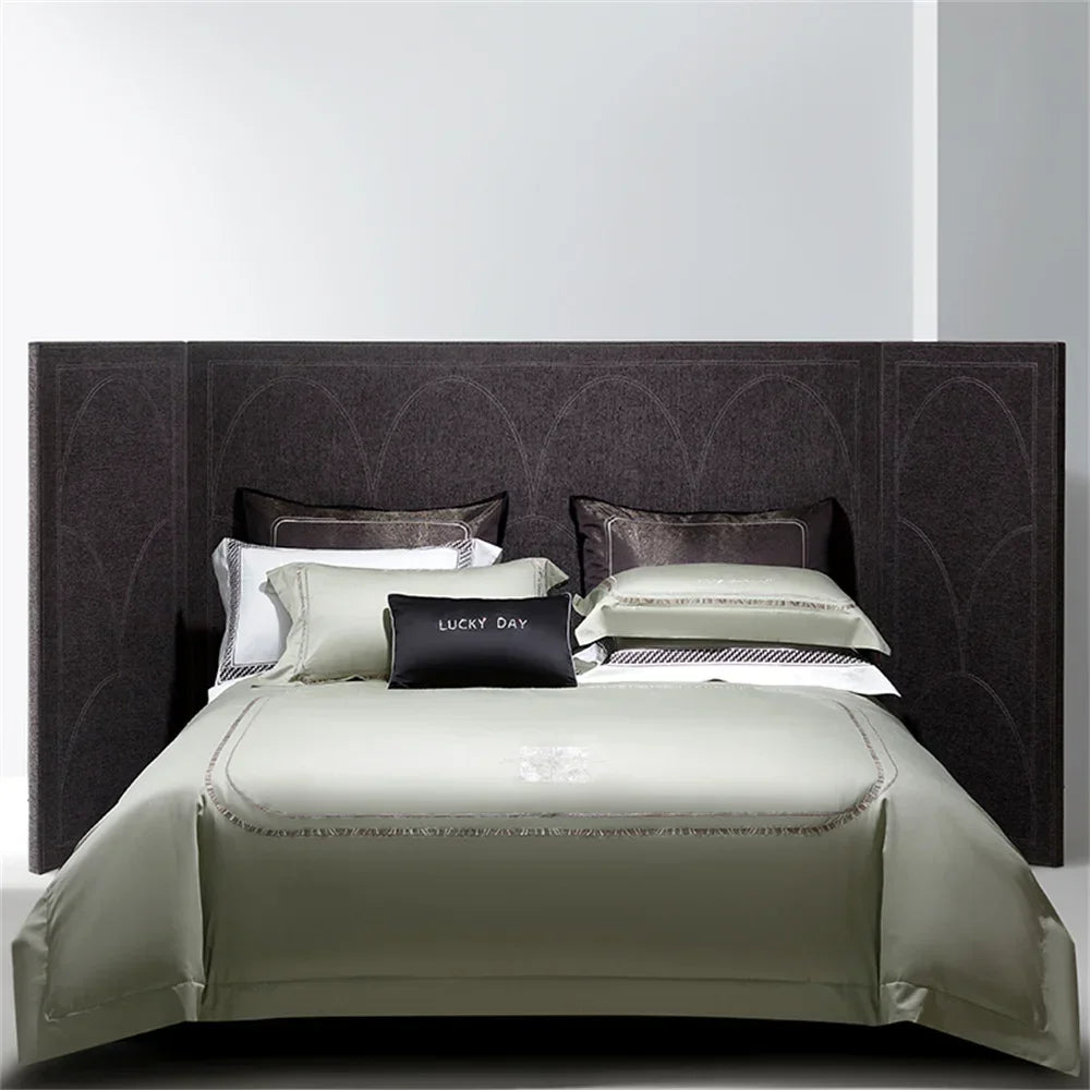Afralia™ Cotton Satin Jacquard Embroidery Bedding Set with Elastic Sheet & Duvet Cover