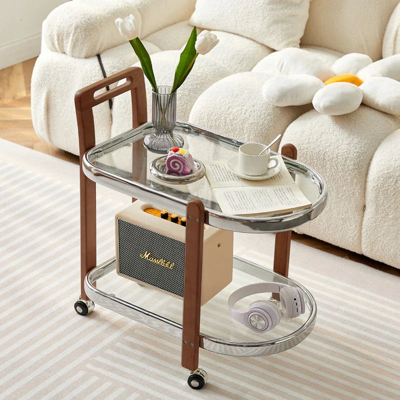 Afralia™ Nordic Wood End Table Tea Table, Movable Trolley, Glass Top, Multifunctional Storage Rack.