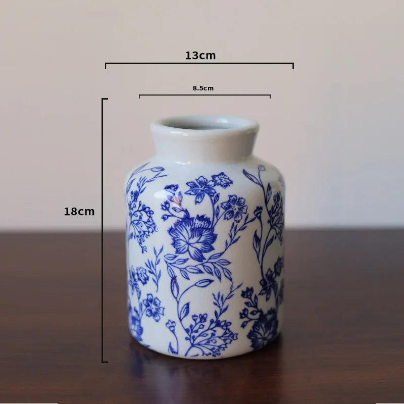 Afralia™ Blue White Porcelain Vase Vintage Ceramic Flower Home Decor Jar