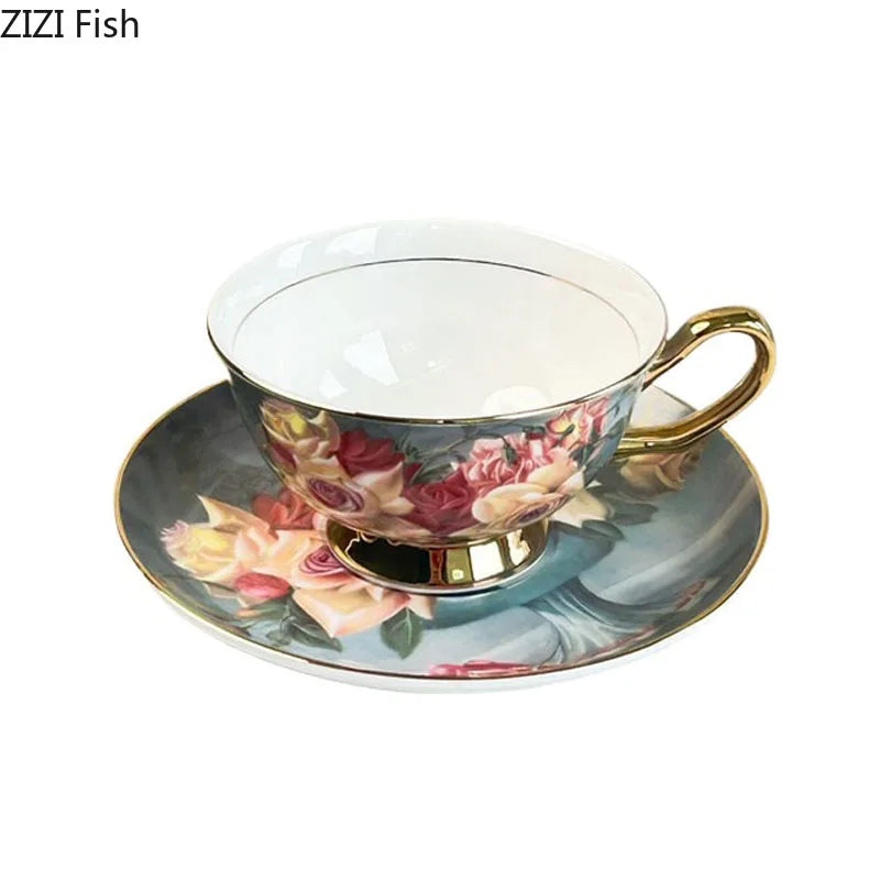 Afralia™ Flowers Pattern Porcelain Coffee Cup & Saucer Set - Exquisite Tea & Juice Mug