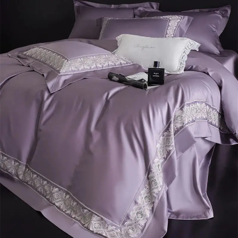 Afralia™ 1200TC Egyptian Cotton Lace Embroidery Bedding Set: 1 Duvet, 1 Sheet, 2 Pillowcases
