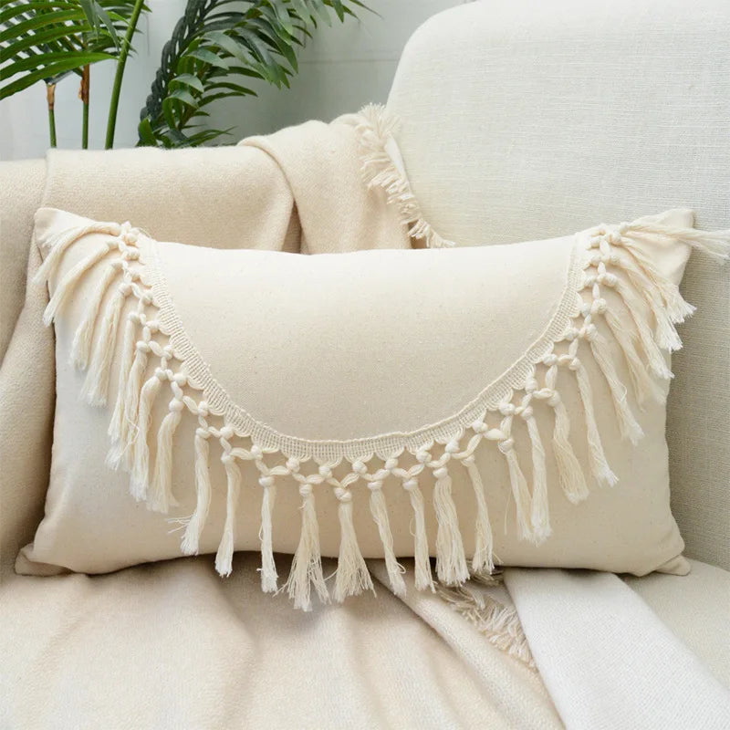 Boho Beige Fringed Cotton Weave Tassel Pillow Case by Afralia™