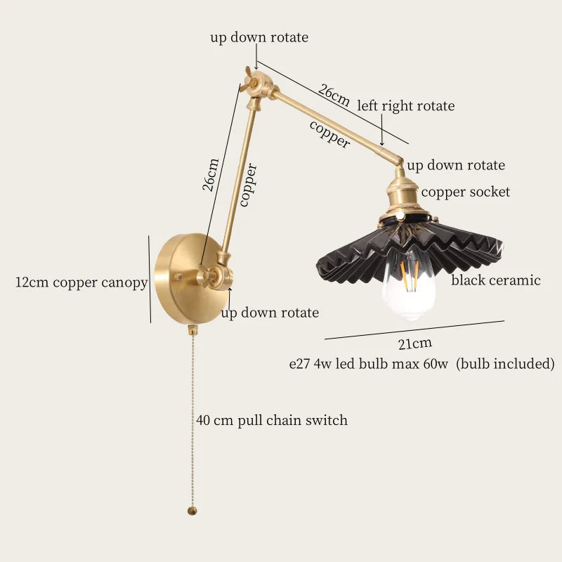 Afralia™ Copper Vintage LED Wall Sconce with Pull Chain for Stair, Loft, Bathroom, Bedroom
