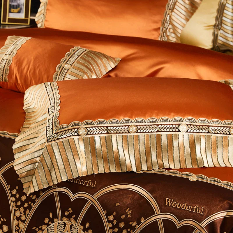 Afralia™ Luxury Horse Lace Silk Cotton Bedding Set, Orange, 1000TC