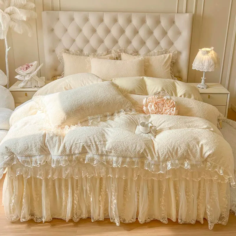 Afralia™ Lace Princess Bedding Set with Velvet Bed Skirt & Quilt Cover