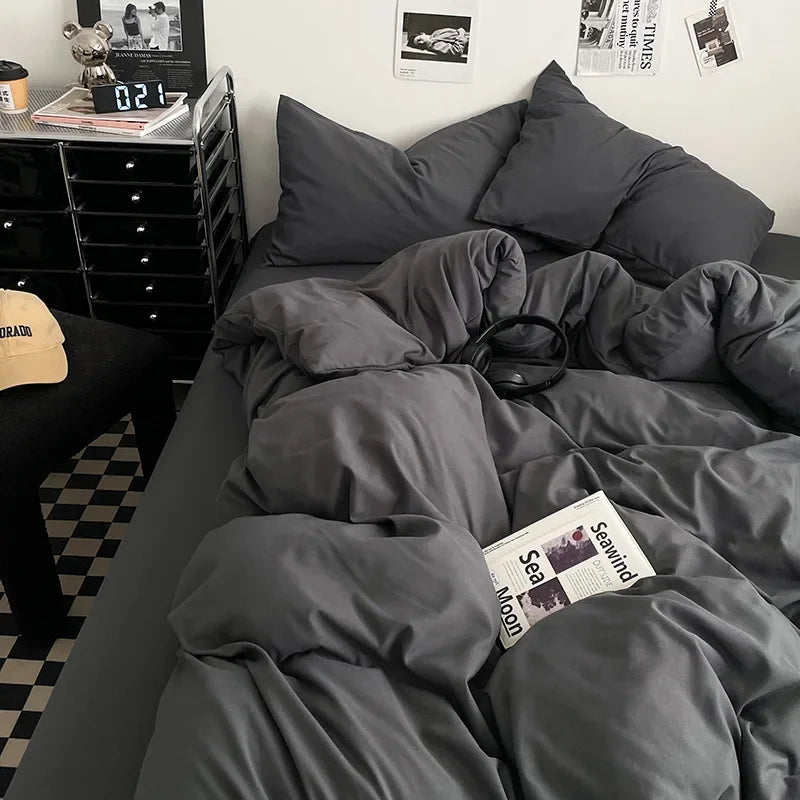 Afralia™ Washed Cotton Bed Set - Soft & Breathable 4-Piece Solid Color Duvet Cover Bed Sheet