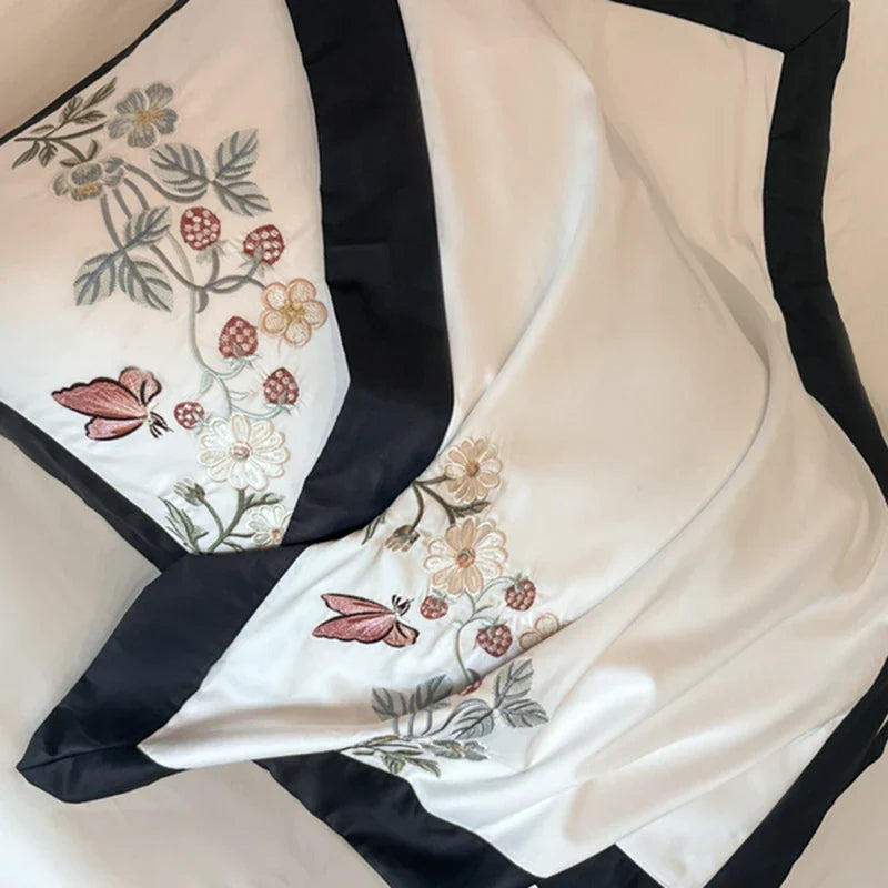 Luxury Flowers Embroidery Black Cotton Bedding Set by Afralia™ - 4Pcs