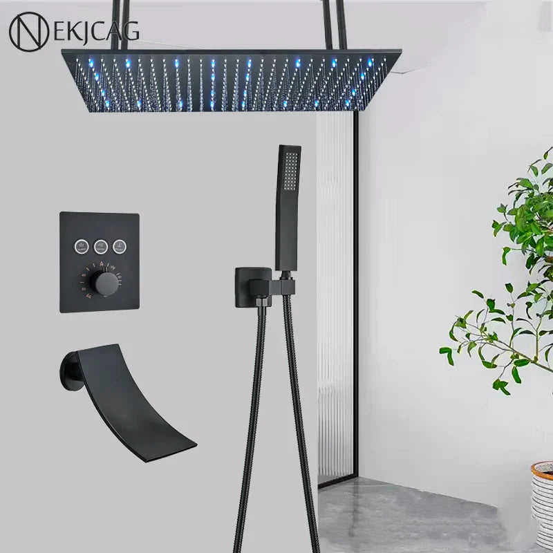 Afralia™ LED Thermostatic Rainfall Shower System with Tub Spout Mixer Tap & Brass Head