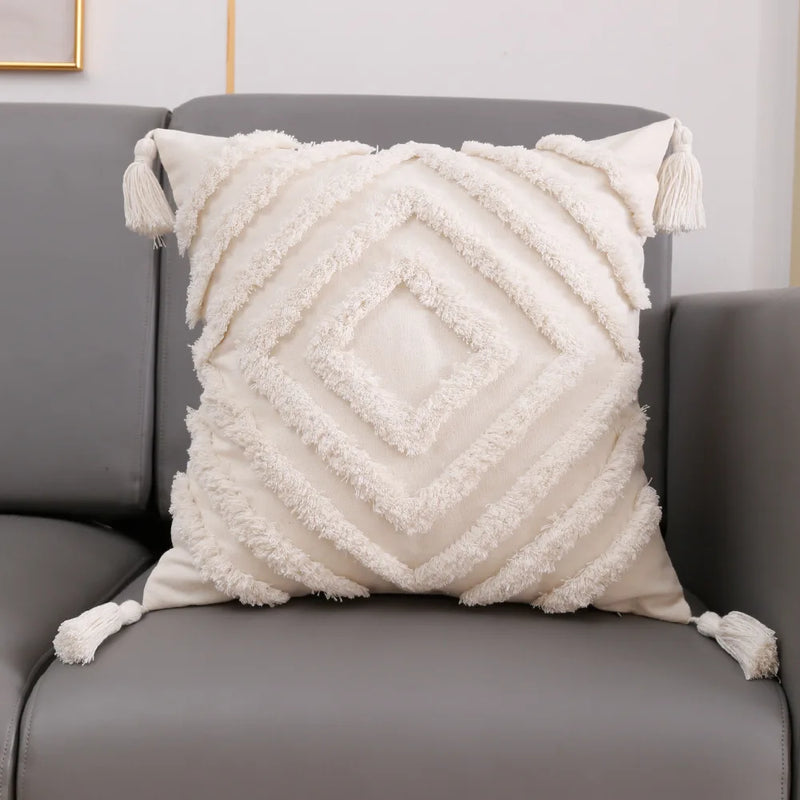 Afralia™ White Diamond Cushion Cover with Tassel Corners - Decorative Throw Pillow Cover