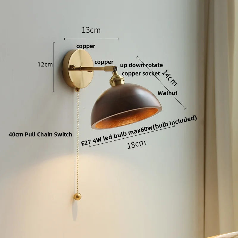Afralia™ Nordic LED Wall Light Sconce Walnut Wood Copper Pull Chain Switch