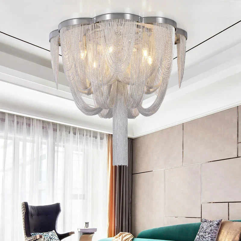 Afralia™ Circular Chrome Chain Pendant Light LED Ceiling Aluminum Living Room Luxe Chrome Gloss Light