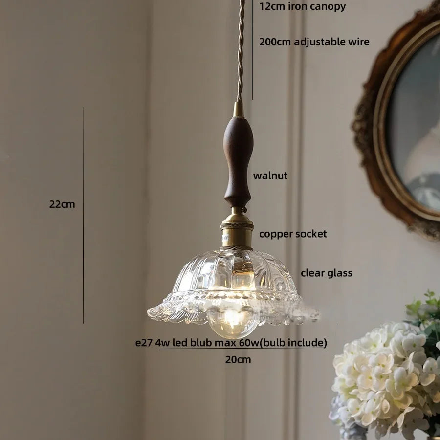 Afralia™ Flower Glass LED Pendant Lights with Walnut Wood Finish