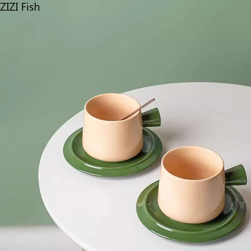 Afralia™ Minimalist Green Ceramic Tea Cup and Saucer Set - Coffee & Tea Mug