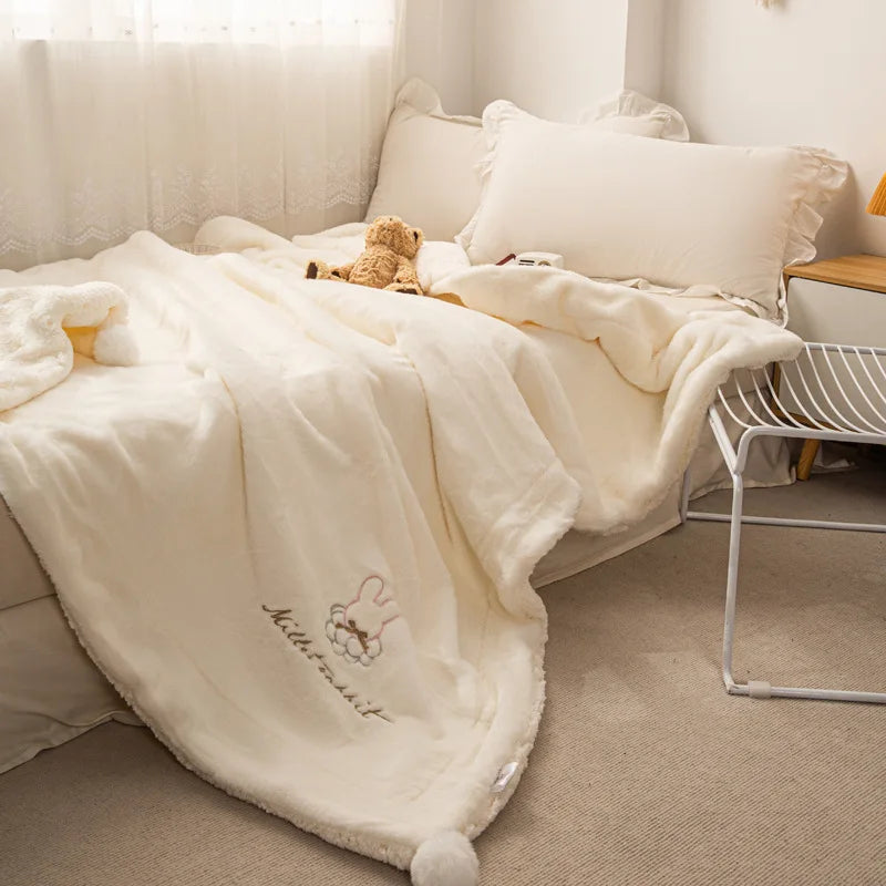Afralia™ Tuscan Faux Rabbit Fur Embroidered Plush Throw Blanket cozy Winter Warmth
