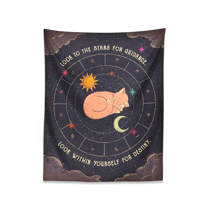 Afralia™ Tarot Cat Zodiac Astrology Sun Moon Wall Hanging Tapestry for Home Decor