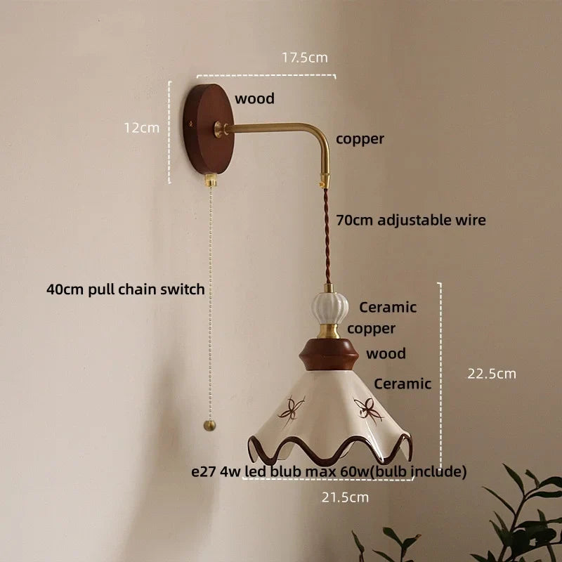 Afralia™ Ceramic LED Wall Light Copper Pull Chain Wood Base Modern Bedside Lamp