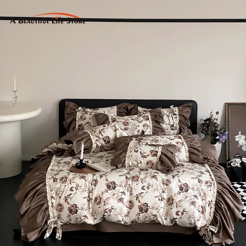 Afralia™ Brown Vintage Flowers Bedding Set - 4 Piece Collection