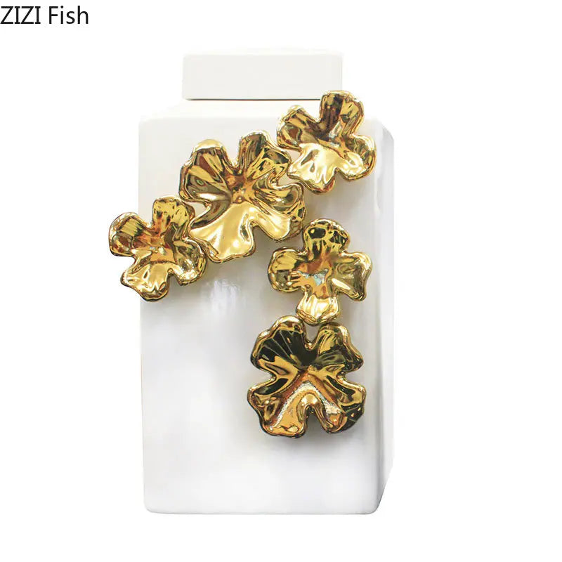 Afralia™ Golden Flower Relief Ceramic Storage Jar for Desk Decoration and Jewelry Box