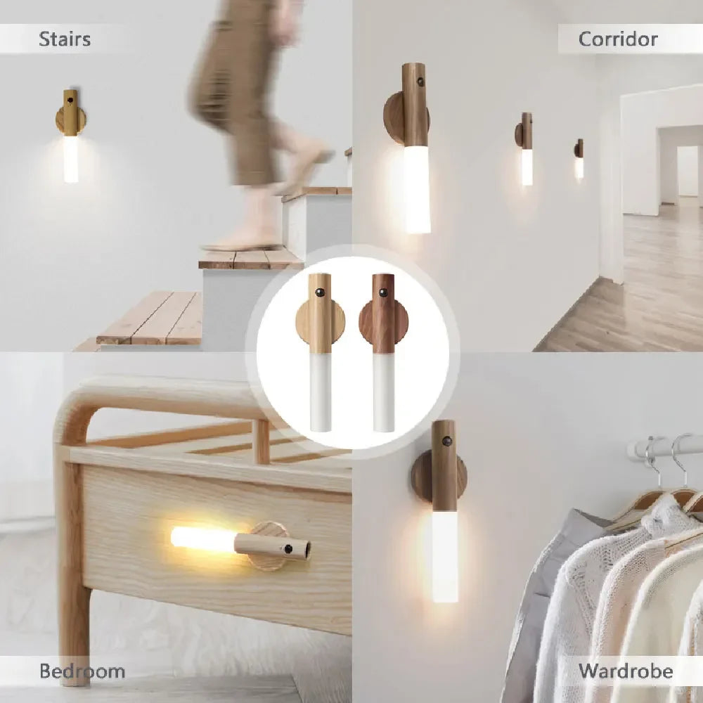 Afralia™ Wood Stick Night Light USB Motion Sensor Magnetic Wall Lamp
