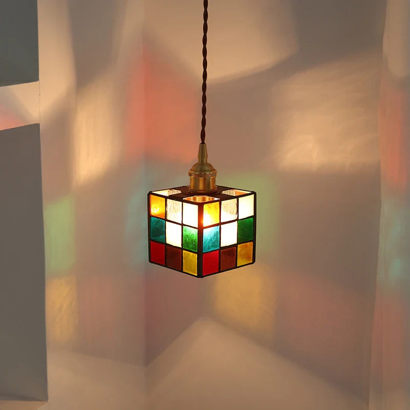 Afralia™ Colorful LED Glass Pendant Light Fixture, Modern Nordic Cube Hang Lamp