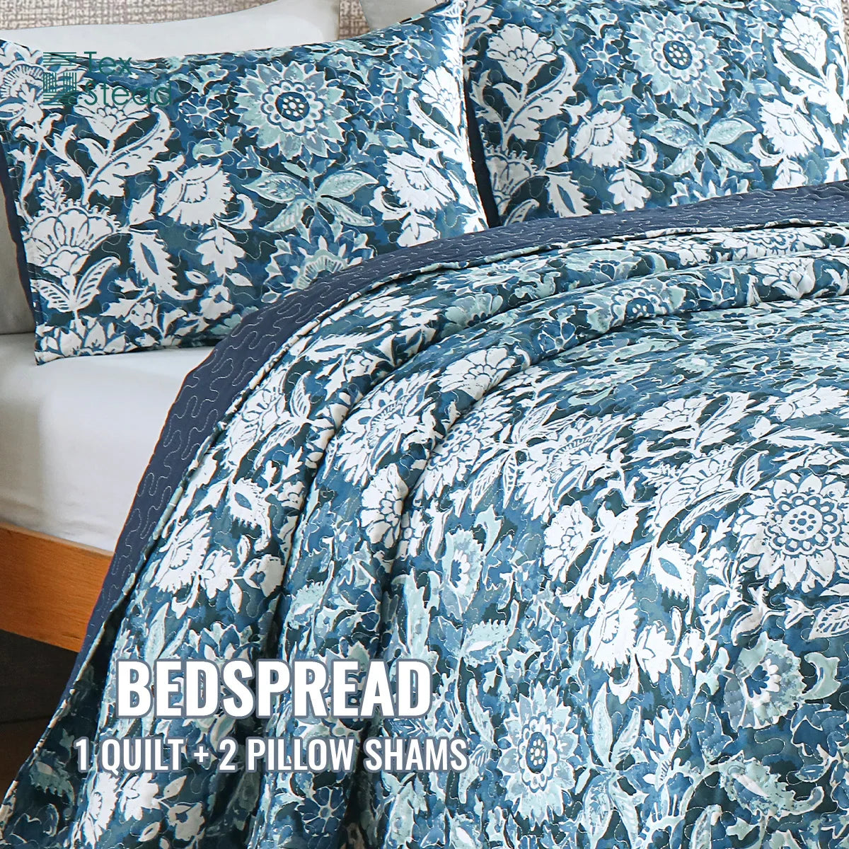 Afralia™ Blue Floral Quilted Bedding Set - Farmhouse Style All Seasons - 3 Piece