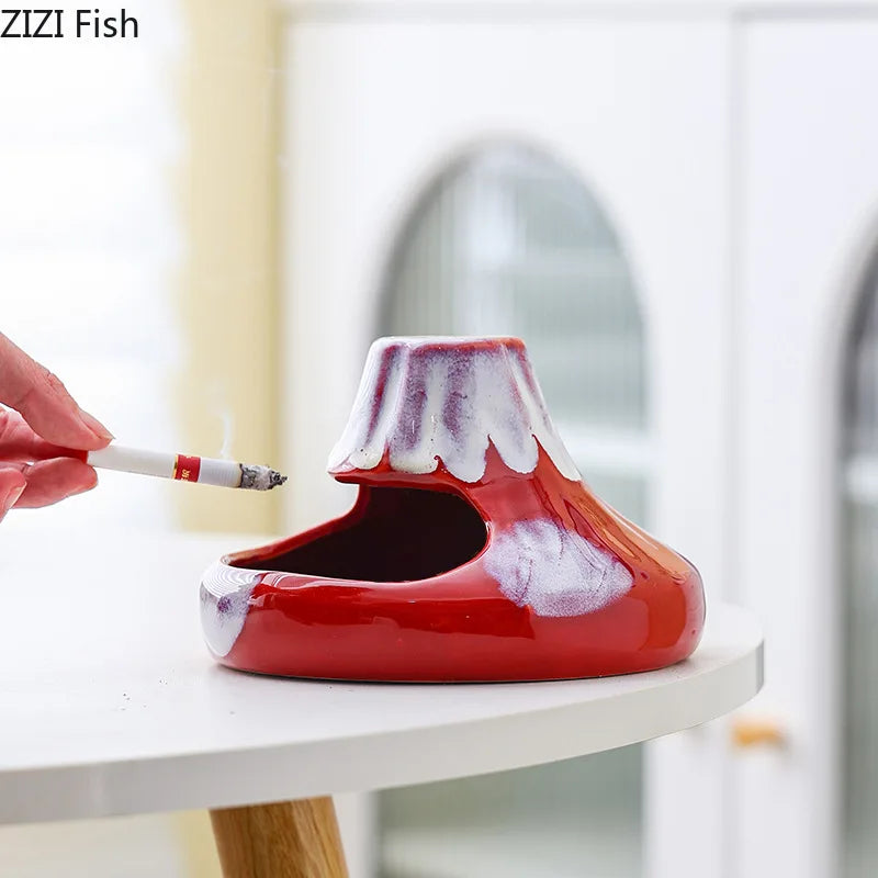 Afralia™ Cartoon Volcanic Ceramic Ashtray with Lid Desk Decoration Windproof Ashtray