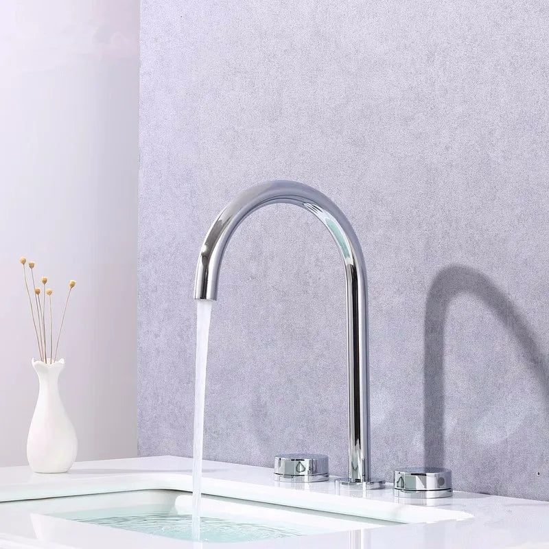 Afralia™ Widespread Brushed Gold Basin Faucet, 360 Rotating Three Hole Bathroom Tap