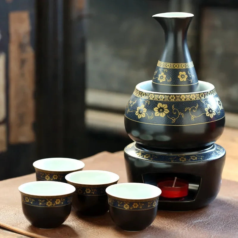 Afralia™ Sake Set: 7-Piece Ceramic Wine Kit with Carafe, Cups, Warmer, and Candle Warmer