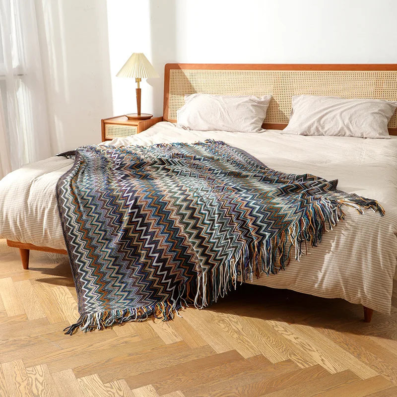 Afralia™ Bohemian Knitted Blanket with Tassels, Oversized Vintage Style Blanket