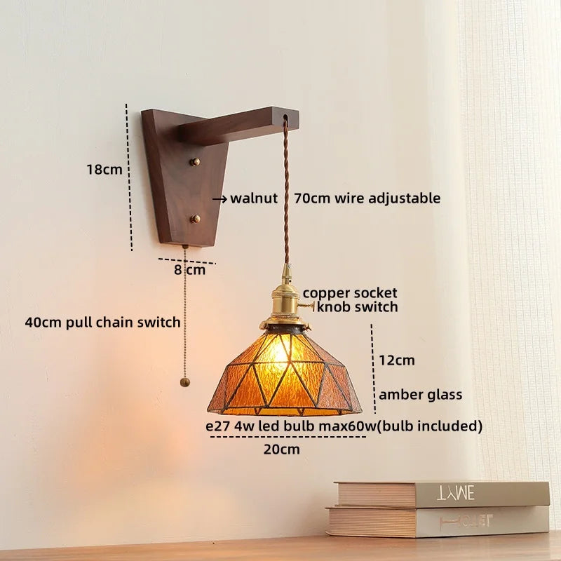 Afralia™ Walnut Glass LED Wall Light Fixture | Modern Bedroom Bathroom Living Room Lamp