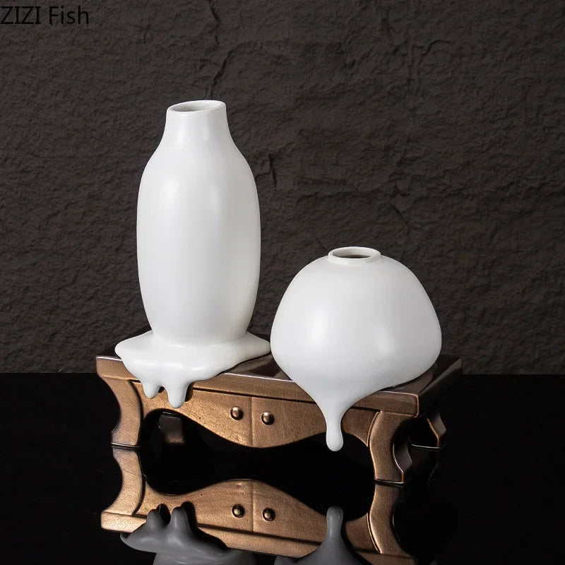 Afralia™ Ceramic Liquid Vase White Room Decor Desk Flower Arrangement Aesthetic