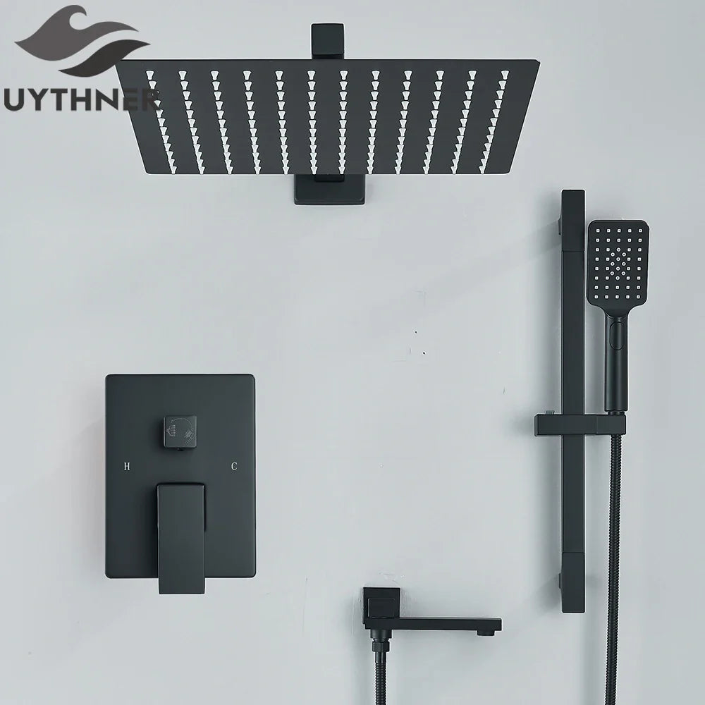 Afralia™ Matte Black Rainfall Shower Faucet Set with Slide Bar Swivel Spout
