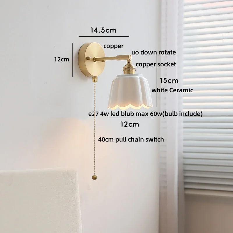Afralia™ Copper Wall Light Fixture Bedroom Bedside Sconce White Ceramic Lamp