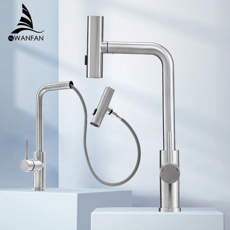 Afralia™ Stainless Steel Pull-out Waterfall Kitchen Faucet with Hot/Cold Water, Multi-function Rinse