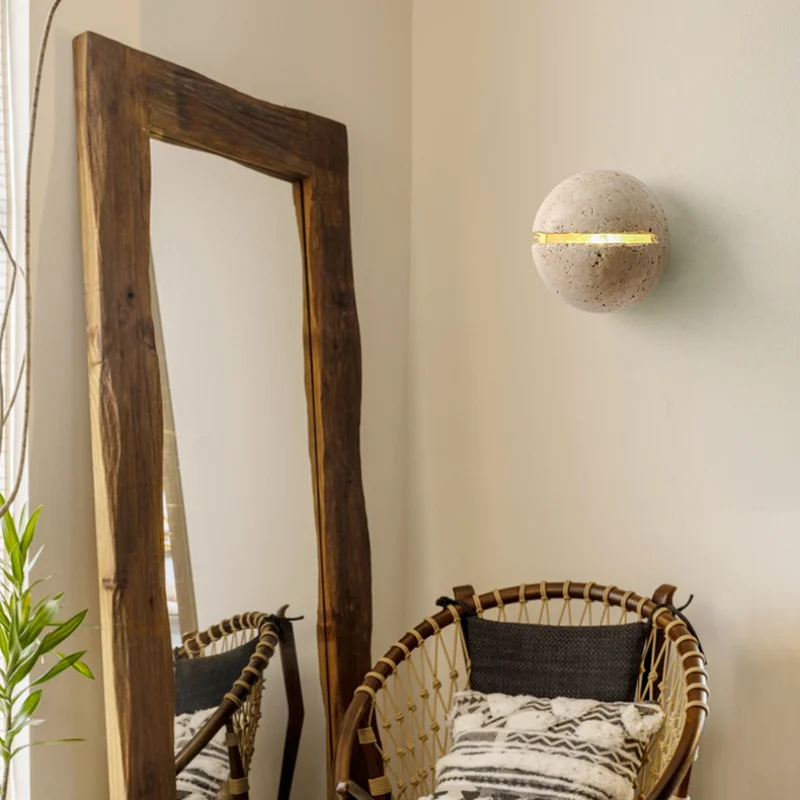 Afralia™ Yellow Travertine LED Wall Sconce for Bedroom Staircase Living Room - Nordic Modern Commercial-grade Mirror Light