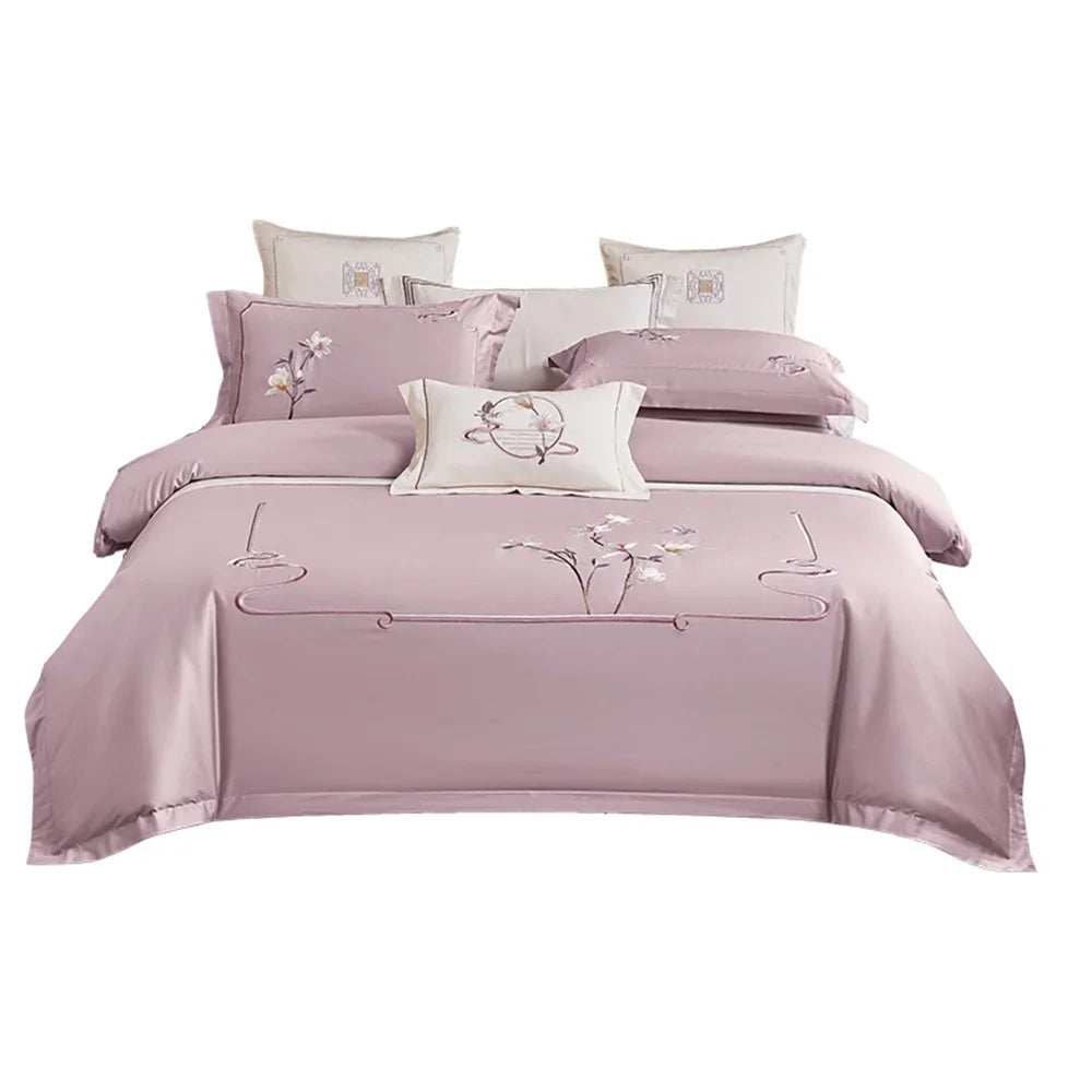 Afralia™ Pink Satin Jacquard Lotus Duvet Set 4Pcs Queen King Bedlinens