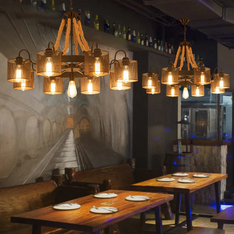 Afralia™ Retro Hemp Rope Chandelier: Industrial Style for Cafes, Restaurants, and Shops