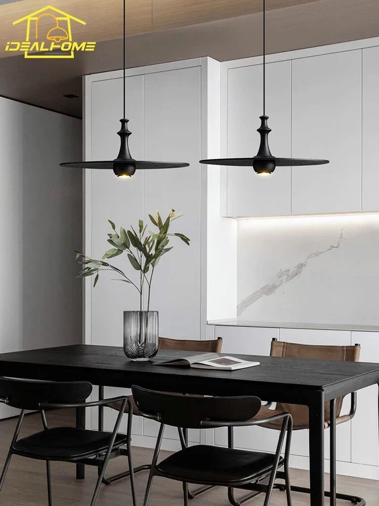 Afralia™ Black Solid Wood Saucer Pendant Lights, LED GU10, Minimalist Design