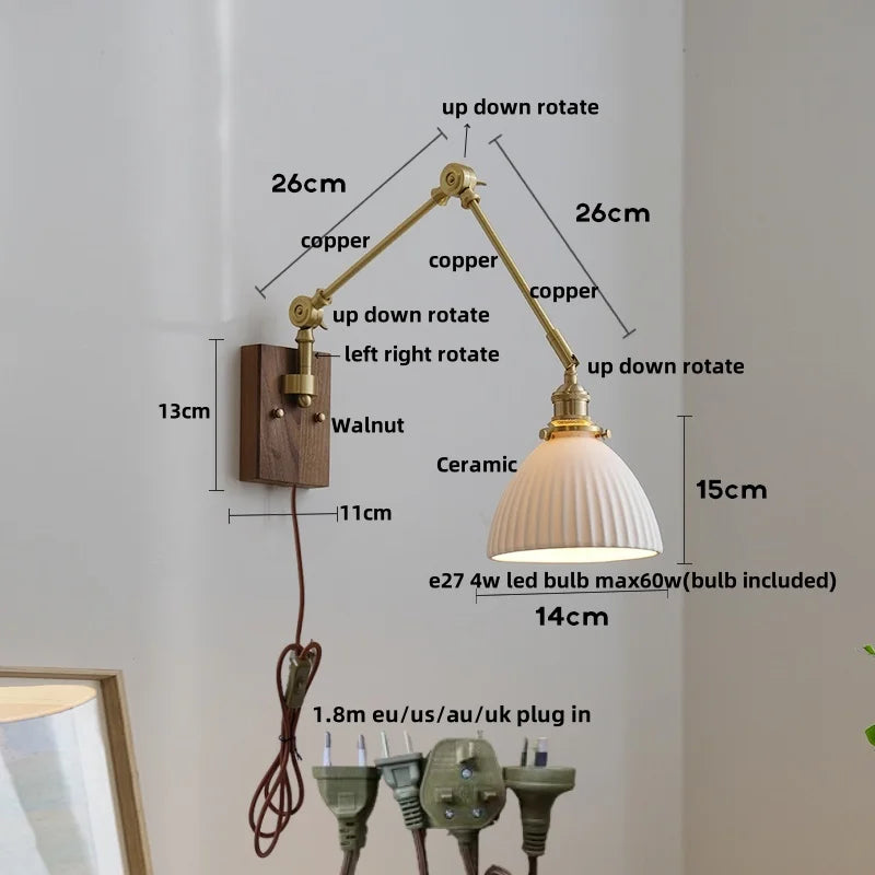 Afralia™ Wood LED Wall Sconce Pull Chain Switch Rotatable 2 Arms Stair Light