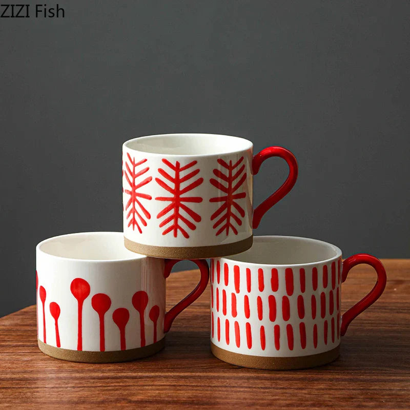 Afralia™ Red Patterned Porcelain Stacking Cup Set - Dining Table Coffee Mug Teacup