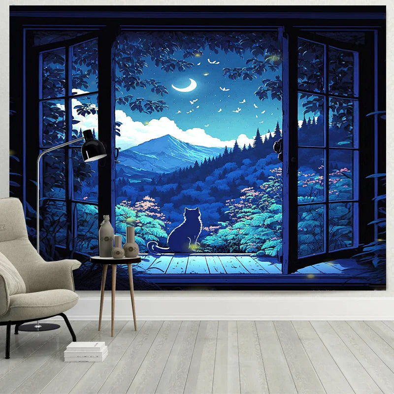 Afralia™ Dreamy Window Cat Tapestry Landscape Wall Cloth for Bedroom & Living Room