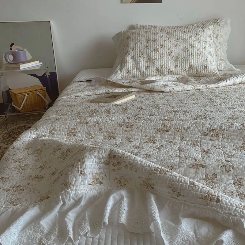 Afralia™ Floral Lace Ruffles Cotton Bedspread Set with Quilted Design & Pillowcases