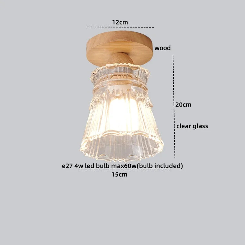 Afralia™ Nordic Wood Glass LED Ceiling Light Modern Indoor Lighting Balcony Corridor Restaurant
