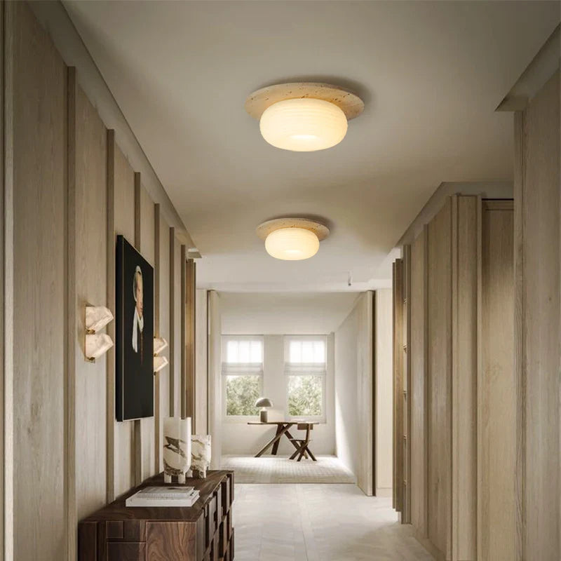 Afralia™ Wabi Sabi LED Ceiling Light Fixture Yellow Travertine White PE Round Lampshade