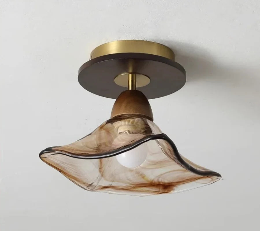 Afralia™ Amber Glass LED Ceiling Light - Japan Style Vintage Wood Luminaires
