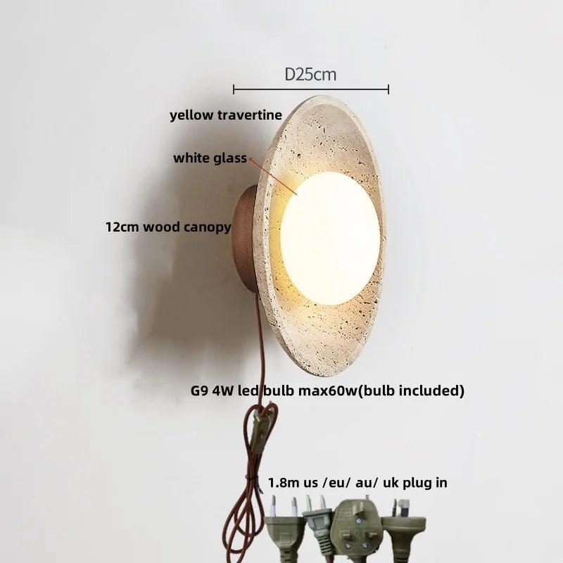 Afralia™ Wood White Glass LED Wall Sconce Yellow Travertine Mirror Light