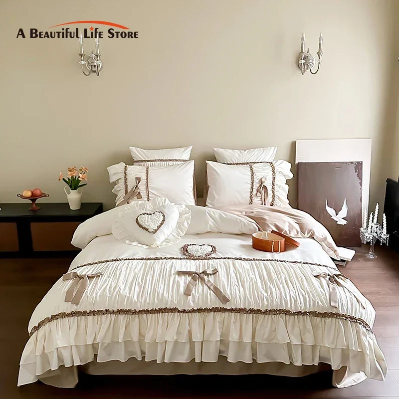 Afralia™ Romantic Bow Pleat Lace Ruffles Bedding Set Silky Duvet Cover Sheet Pillowcase