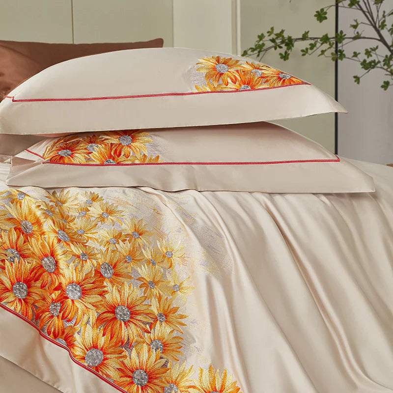 Afralia™ Sunflower Embroidery Bedding Set - Duvet Cover, Bed Sheet, Pillowcases Home Textiles