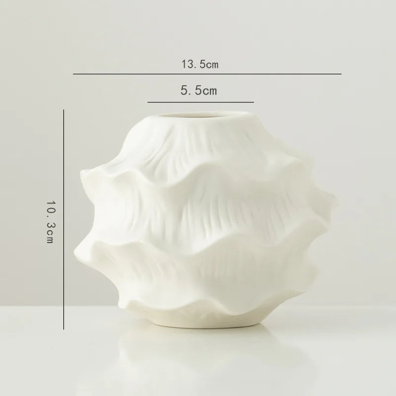 Afralia™ White Ceramic Irregular Fold Calabash Vase - Room Decoration Floral Arrangement Pot