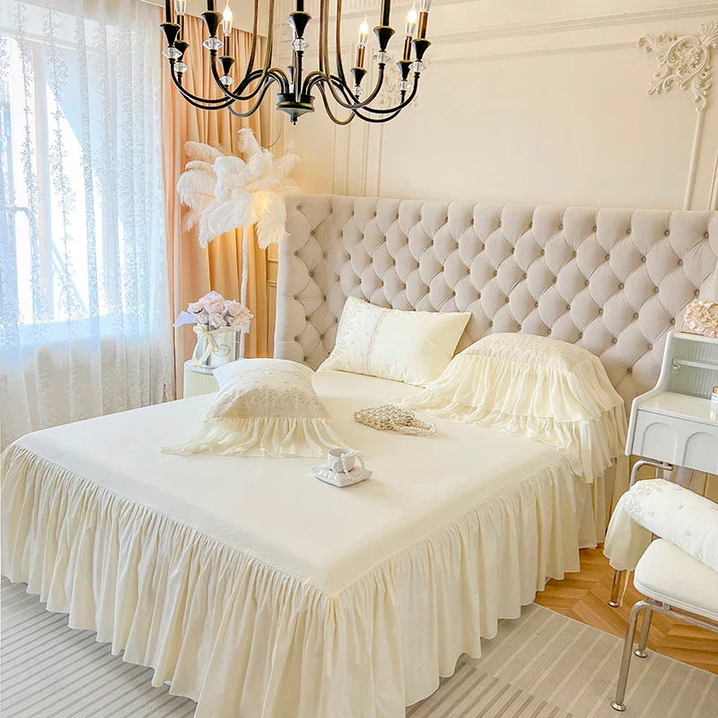 Afralia™ French Vintage Lace Ruffles Beige Cotton Princess Wedding Bedding Set